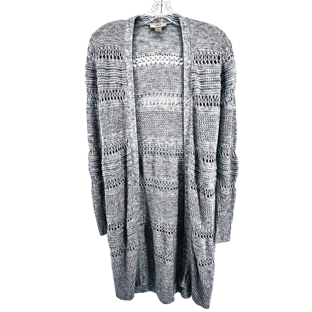 LOFT Open Knit Duster Cardigan XS Gray Long Boho Chic Festival Soft Layering